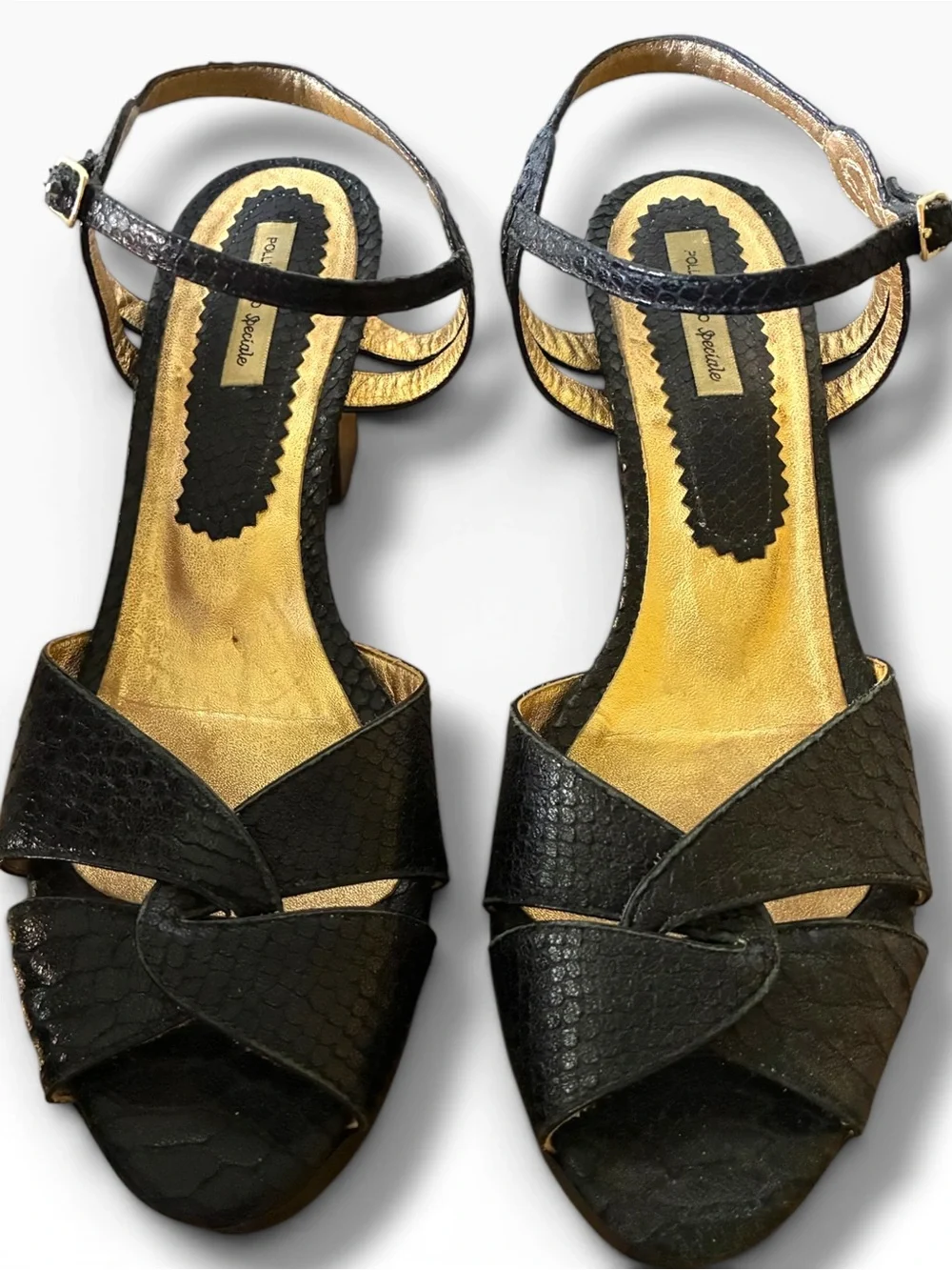 Pollignano Speciali snakeskin platform sandals, front knot, ankle strap. Sz8